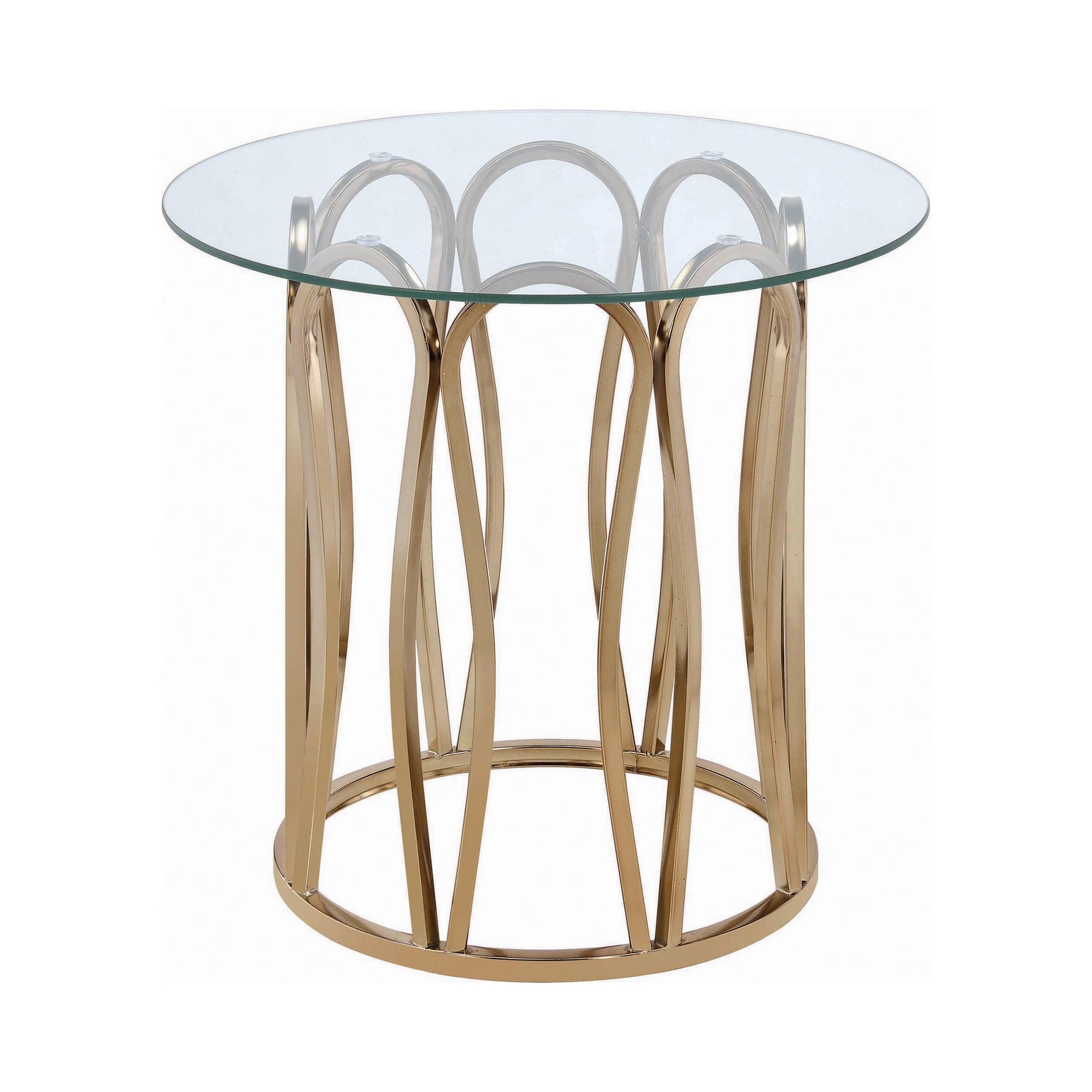 Monett round end table close-up of chocolate chrome base and rounded glass top