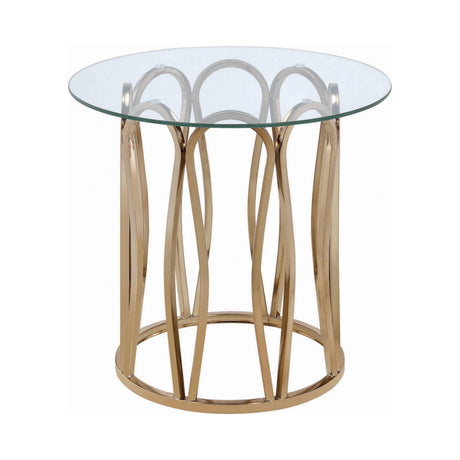 Monett round end table close-up of chocolate chrome base and rounded glass top