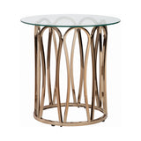 Monett round end table top view of clear rounded glass surface with chocolate chrome base