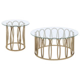 Monett end table close-up showing metal frame and glass top