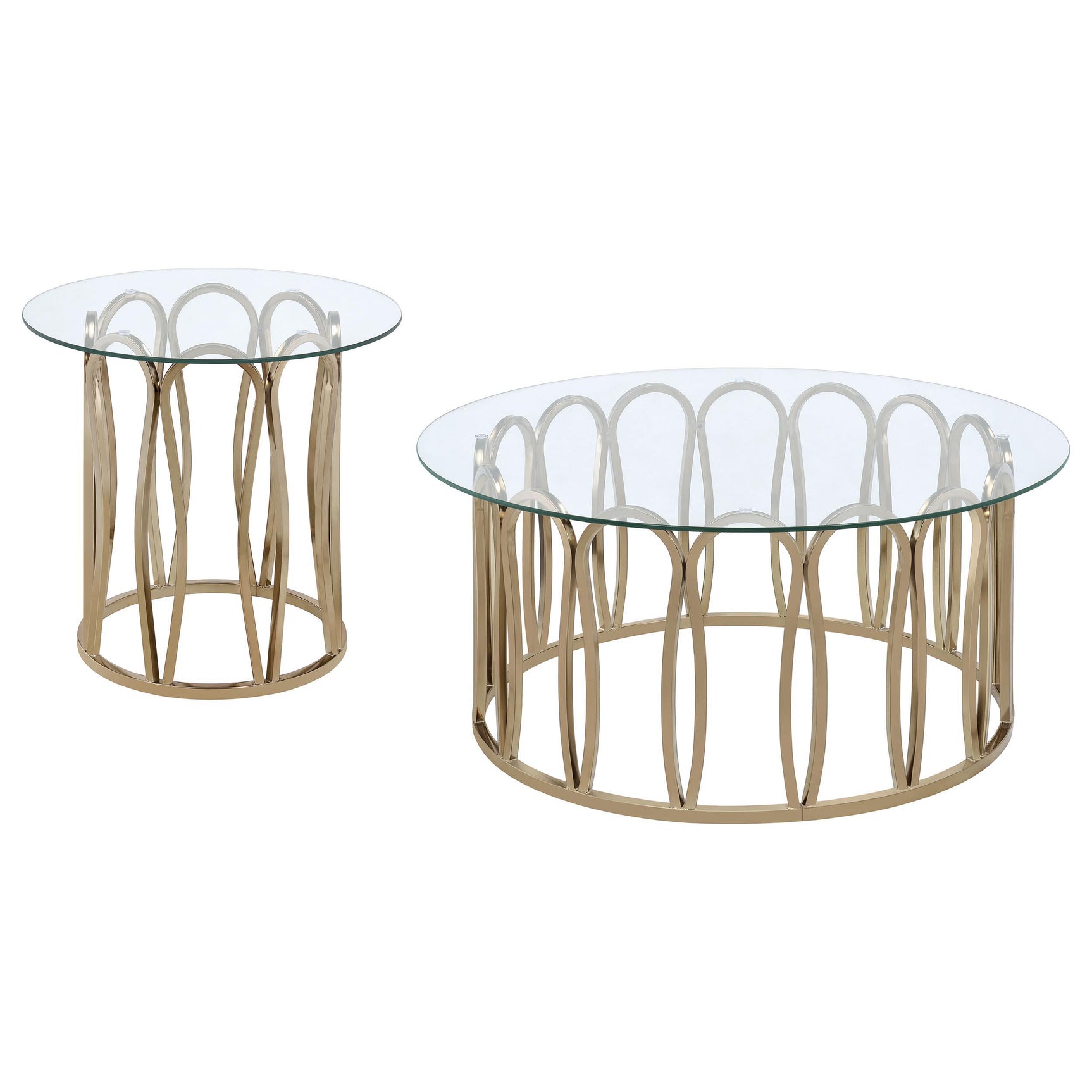 Monett end table close-up showing metal frame and glass top