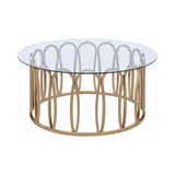 Monett Round Coffee Table metal frame base detail with clear glass top
