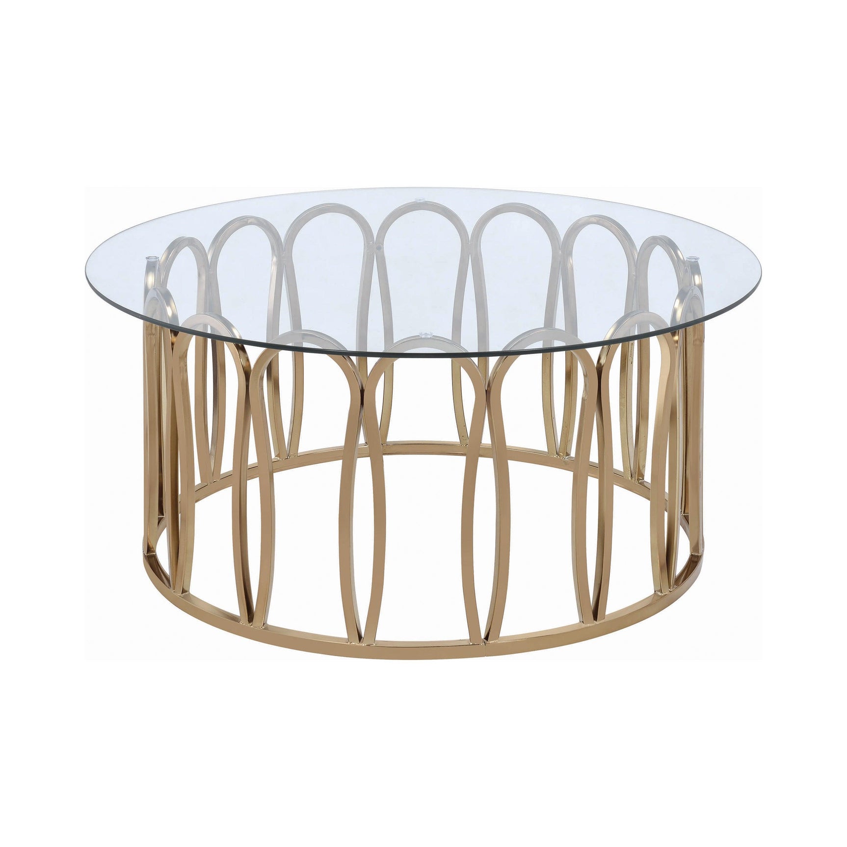 Monett Round Coffee Table metal frame base detail with clear glass top