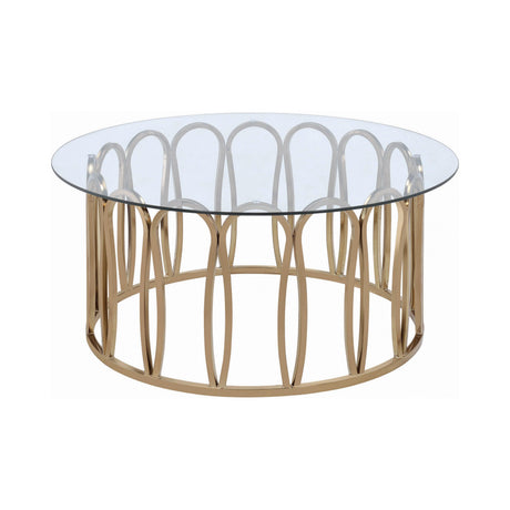Monett Round Coffee Table metal frame base detail with clear glass top