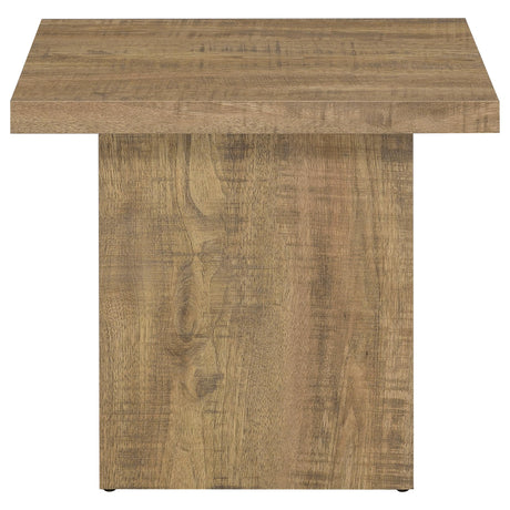Top view of square coffee table showing wood grain