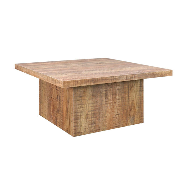 Devar square coffee table with mango wood finish, angled view