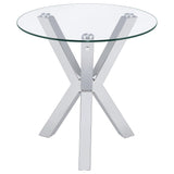 Kenzie glass top side table showing chrome legs