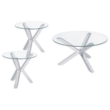 Kenzie coffee table with tempered glass top and chrome frame, angled view