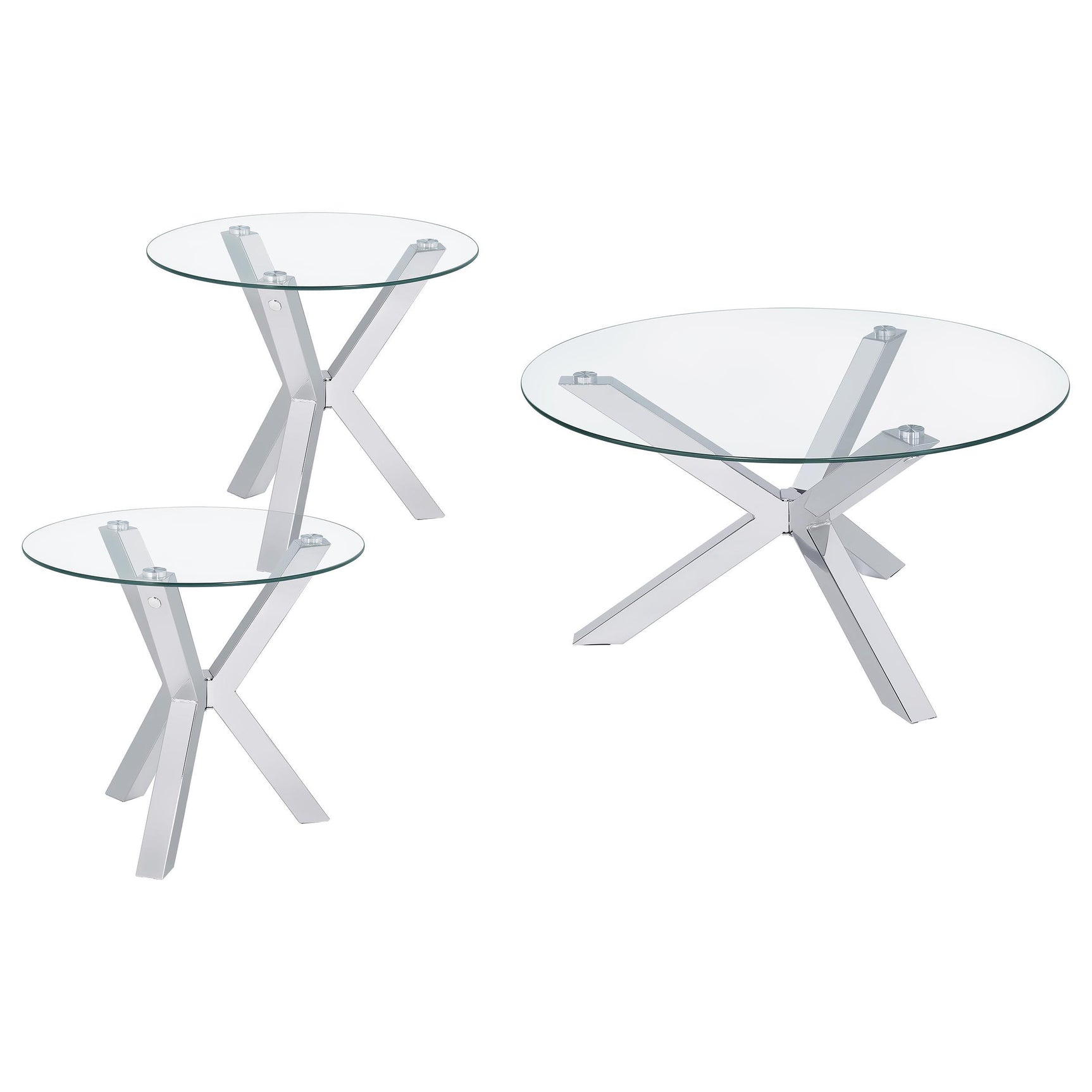 Kenzie coffee table with tempered glass top and chrome frame, angled view