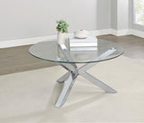 Kenzie coffee table side angle with glass top and chrome base