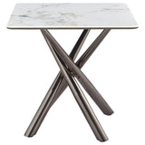 Carvell Square Sintered Stone End Side Table in Mirage White with steel base