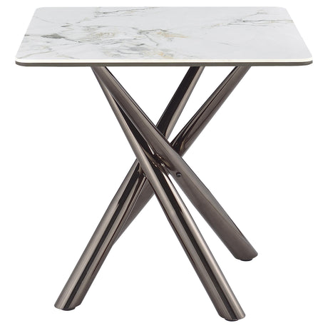 Carvell Square Sintered Stone End Side Table in Mirage White with steel base