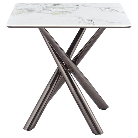 Carvell Square Sintered Stone End Side Table in Mirage White with steel base