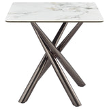 Carvell Square Sintered Stone End Side Table in Mirage White with steel base