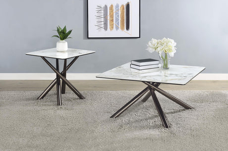 Carvell Square Sintered Stone End Side Table in Mirage White with steel base
