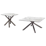 Carvell end table square with black steel asterisk base side view