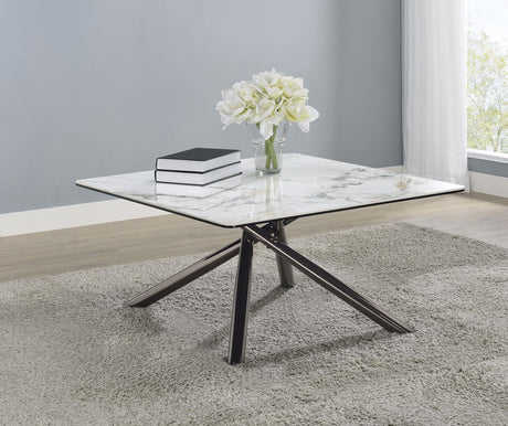 Carvell Coffee Table angled view highlighting black tempered glass layer