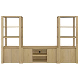 Left media tower with adjustable shelves in light oak finish