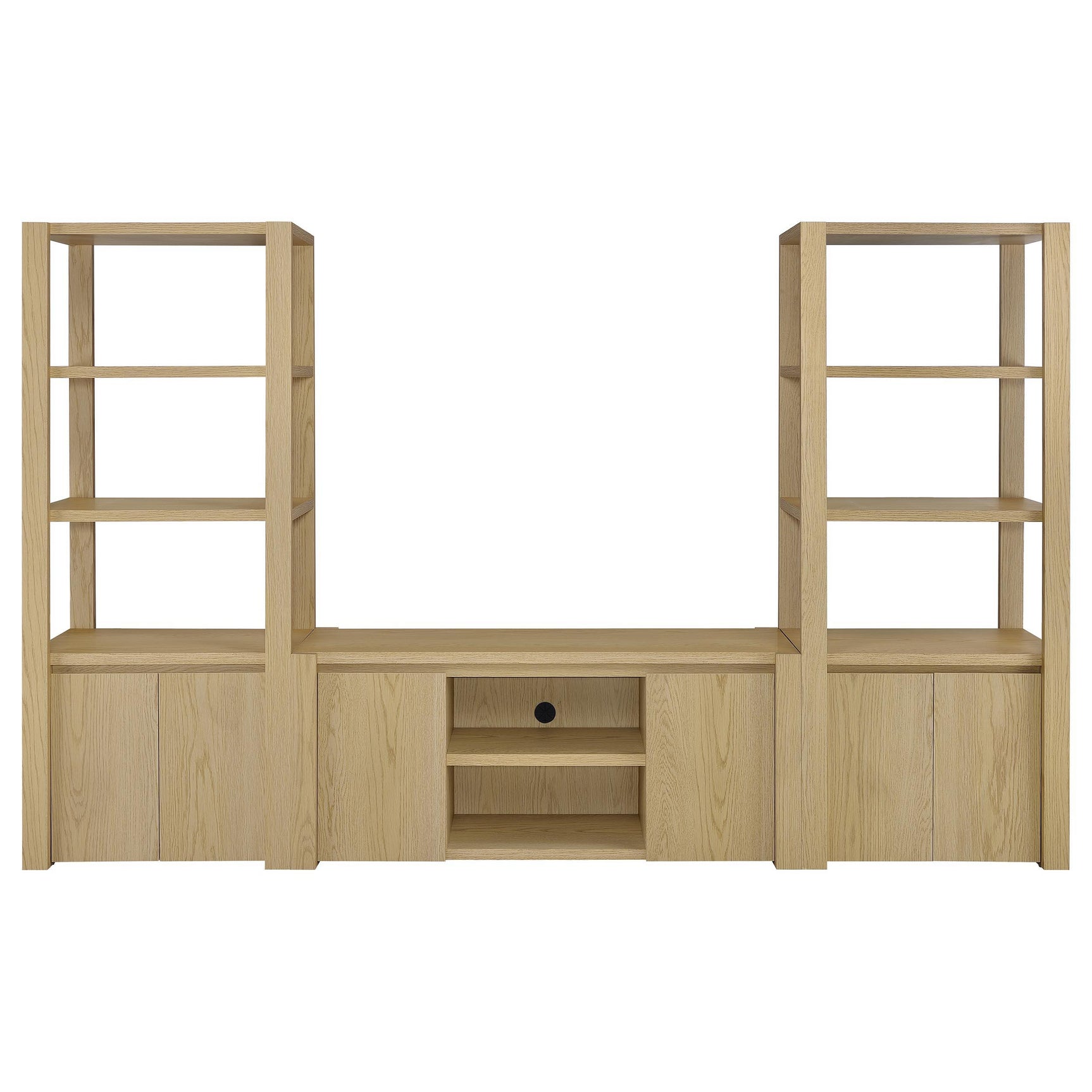 Left media tower with adjustable shelves in light oak finish