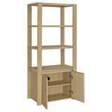 Laurelton 3-piece entertainment center in light oak centered, showing assembled TV stand and media towers