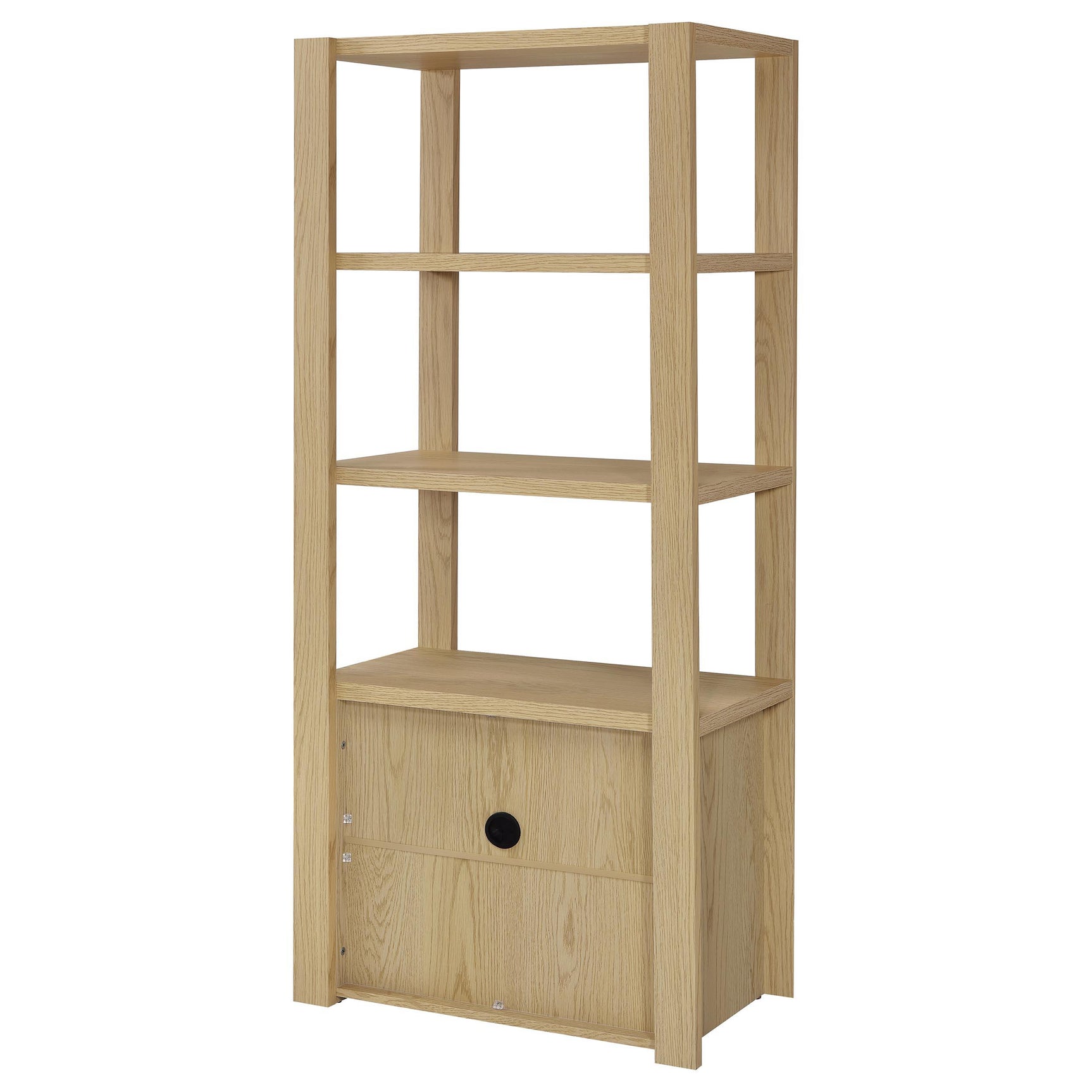 Laurelton 3-piece entertainment center in light oak centered, showing assembled TV stand and media towers