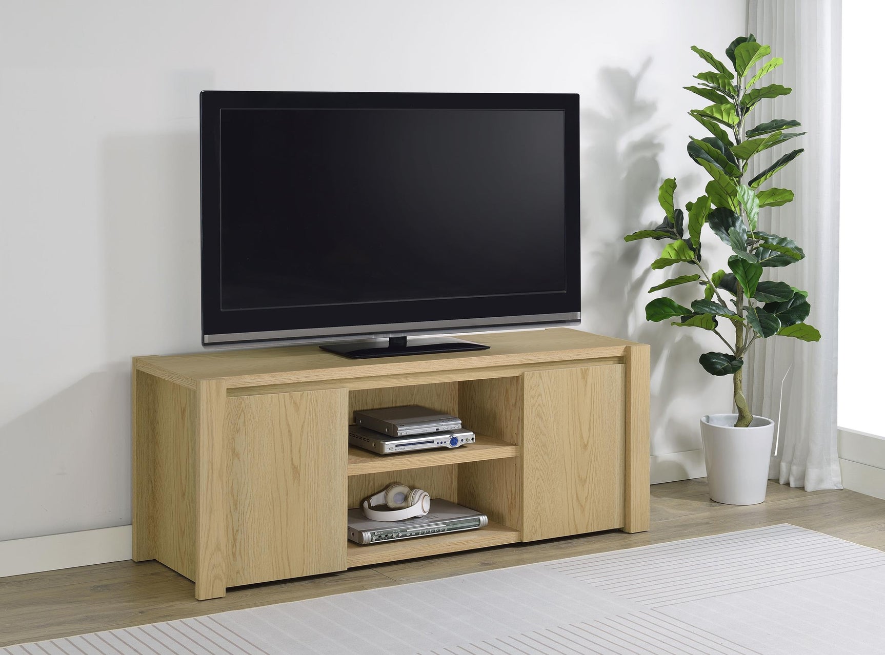 Laurelton TV stand side angle showing door and shelf