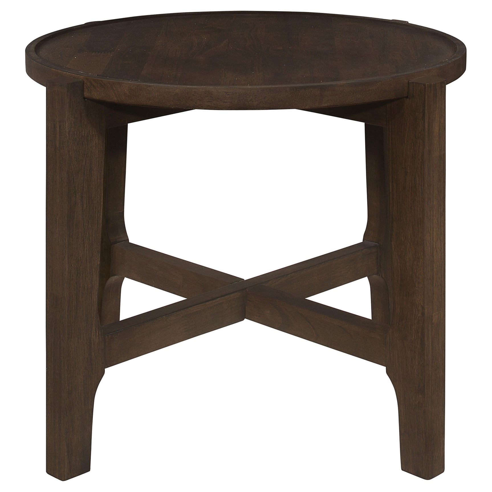 Dark brown recessed tabletop surface of coffee table