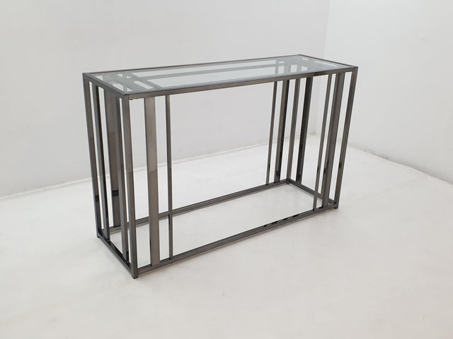 Adri rectangular sofa table side view showing glass top and black nickel frame