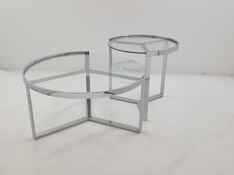 Delia 2-piece round glass top nesting coffee tables, side view with chrome frames