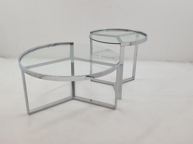 Delia 2-piece round glass top nesting coffee tables, side view with chrome frames