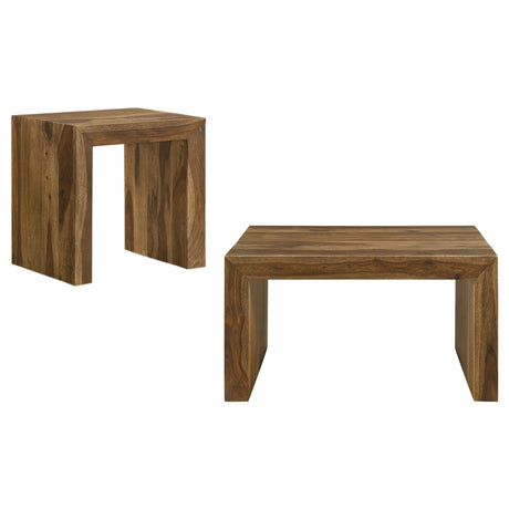 Odilia coffee table close-up showing wood grain and mitered corner