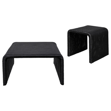Cahya black rattan end table with iron frame side view