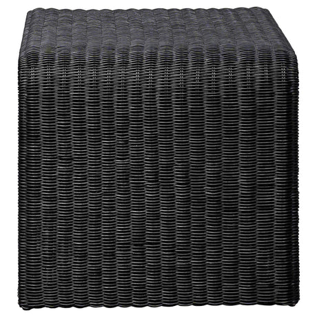 End table with black rattan surface and iron frame