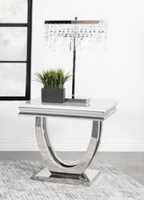 Adabella U-base square end table side angle showing polished chrome base