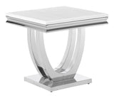 Close-up of beveled edge on white engineered stone tabletop