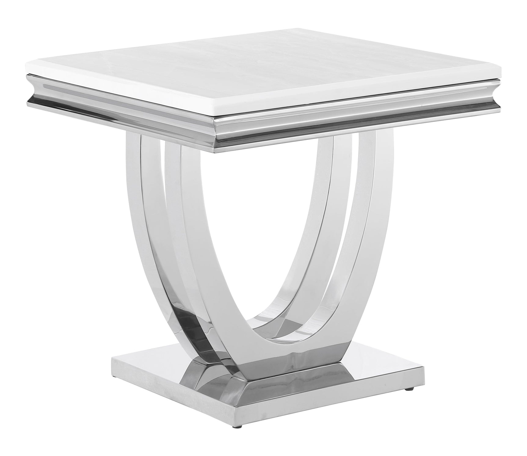 Close-up of beveled edge on white engineered stone tabletop