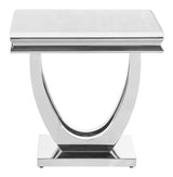 Detailed view of dual open demilune shaped chrome pedestal base