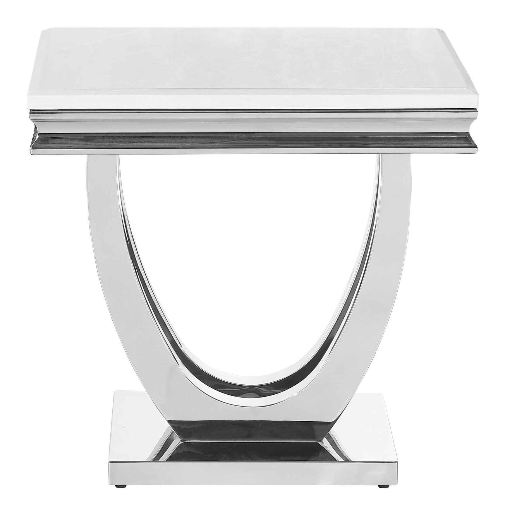 Detailed view of dual open demilune shaped chrome pedestal base