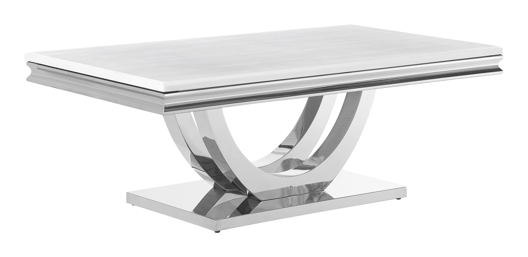 Polished stainless steel base with marble-look engineered stone top