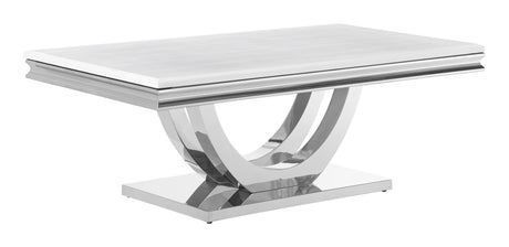 Polished stainless steel base with marble-look engineered stone top