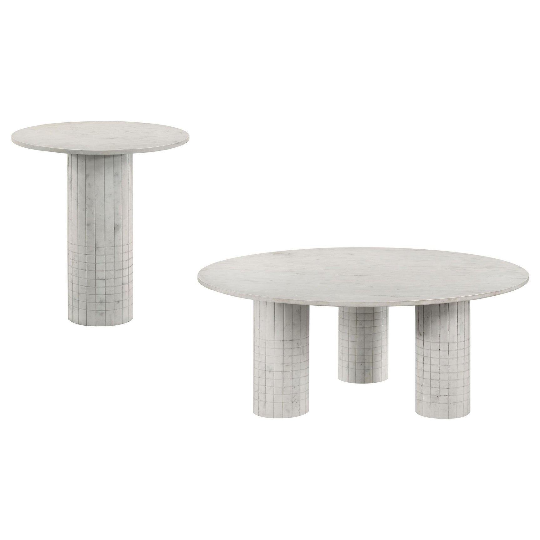Astoria coffee table white marble top and cylindrical base angled