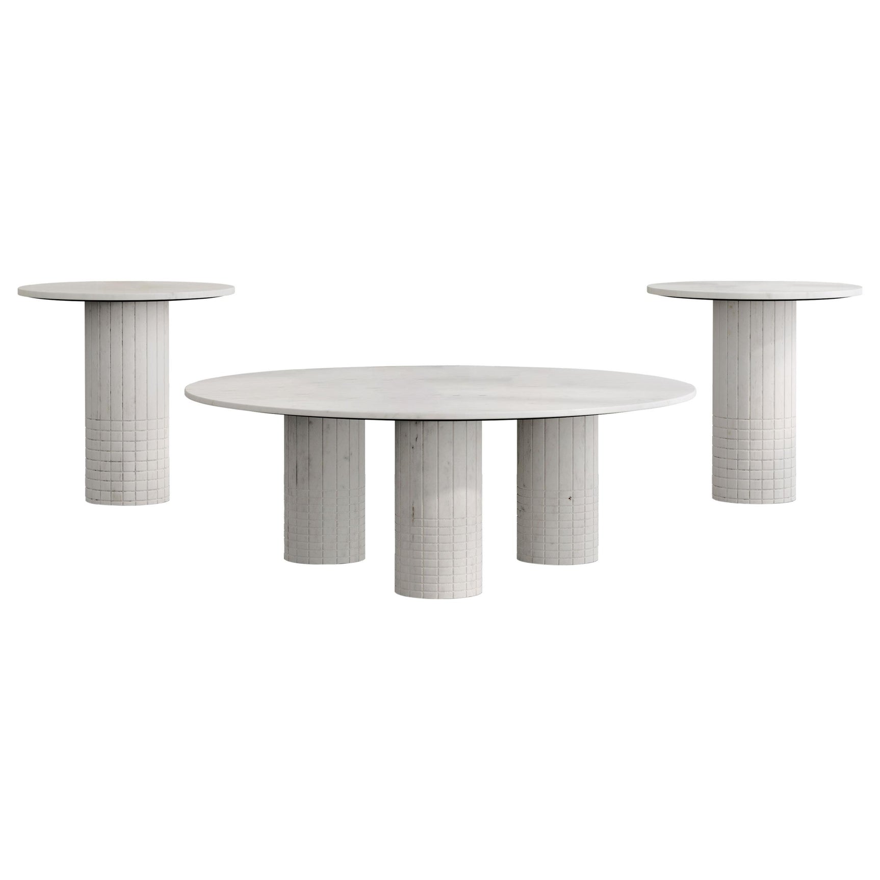 Astoria white marble end table with fluted pedestal base angled view