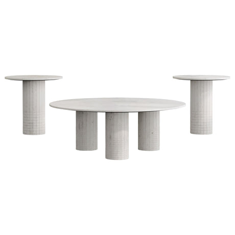 Astoria white marble end table with fluted pedestal base angled view