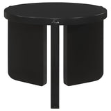 Round black end table from Cordova set side view