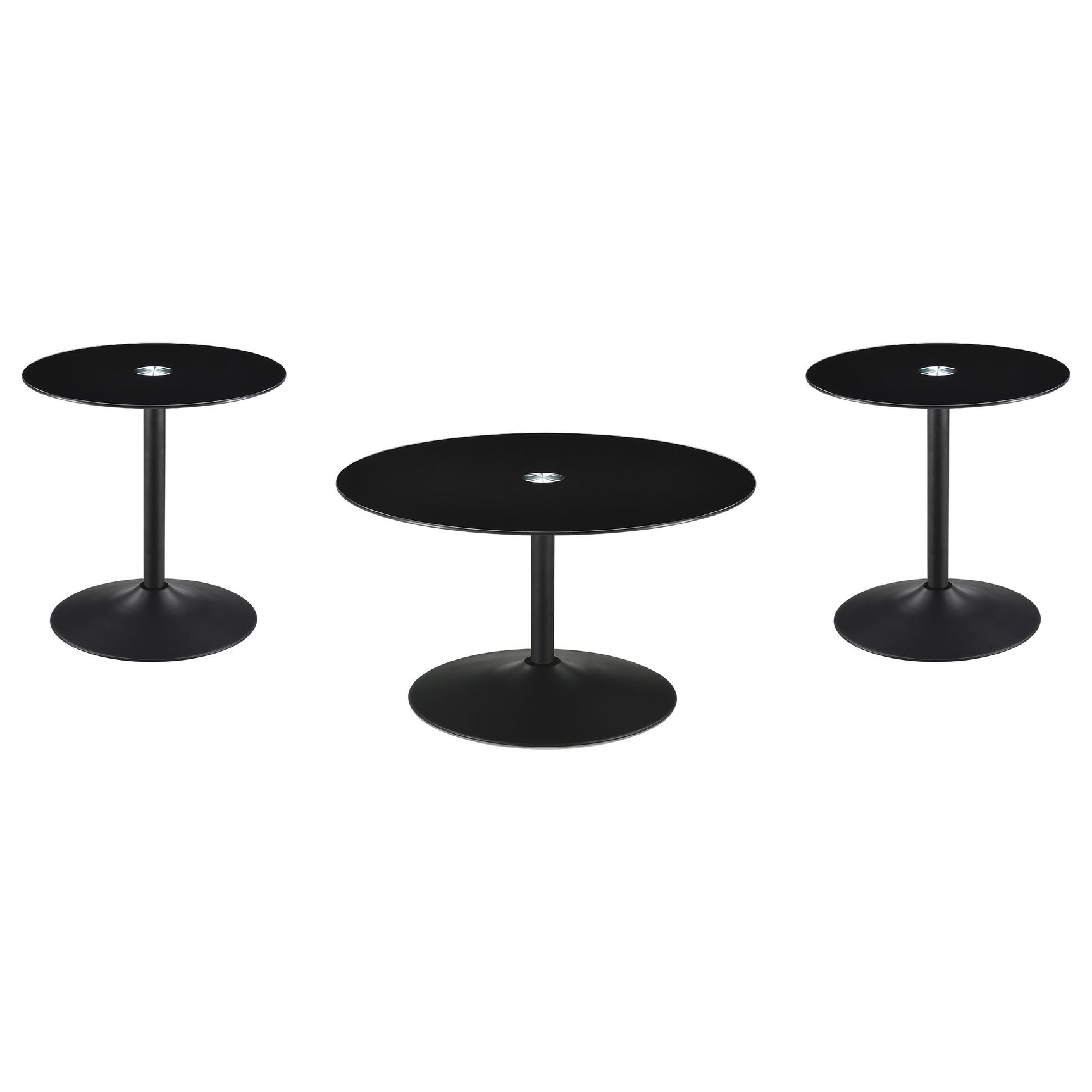 Ganso black round glass top end table with metal tulip base