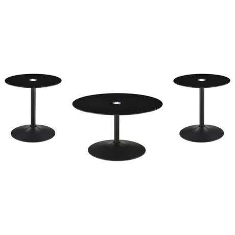 Ganso black round glass top end table with metal tulip base