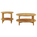 Camillo round coffee table maple finish side view