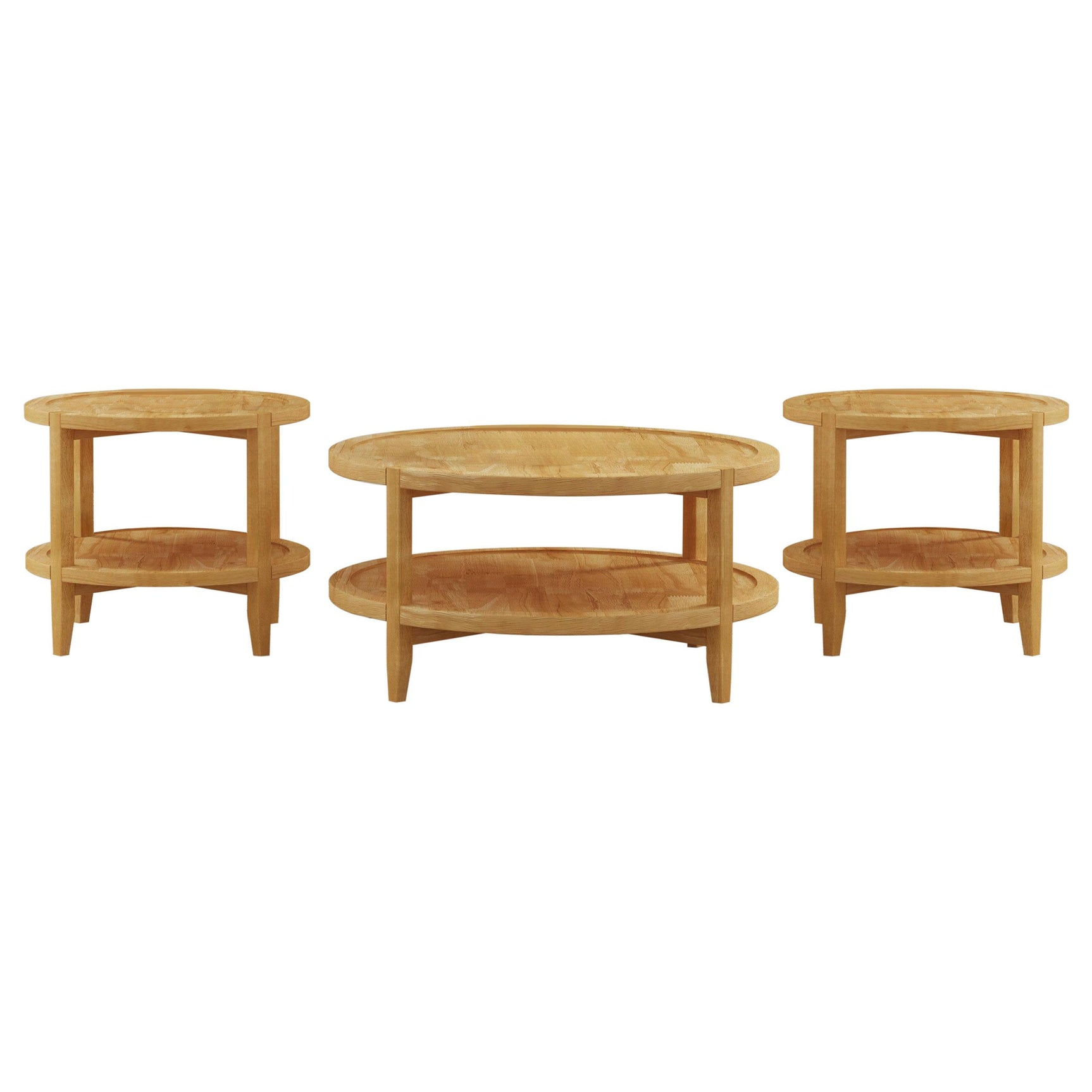 Camillo end table round shape with recessed top and lower shelf maple finish