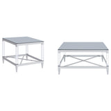 Close-up of Lindley table set tempered glass top and acrylic legs