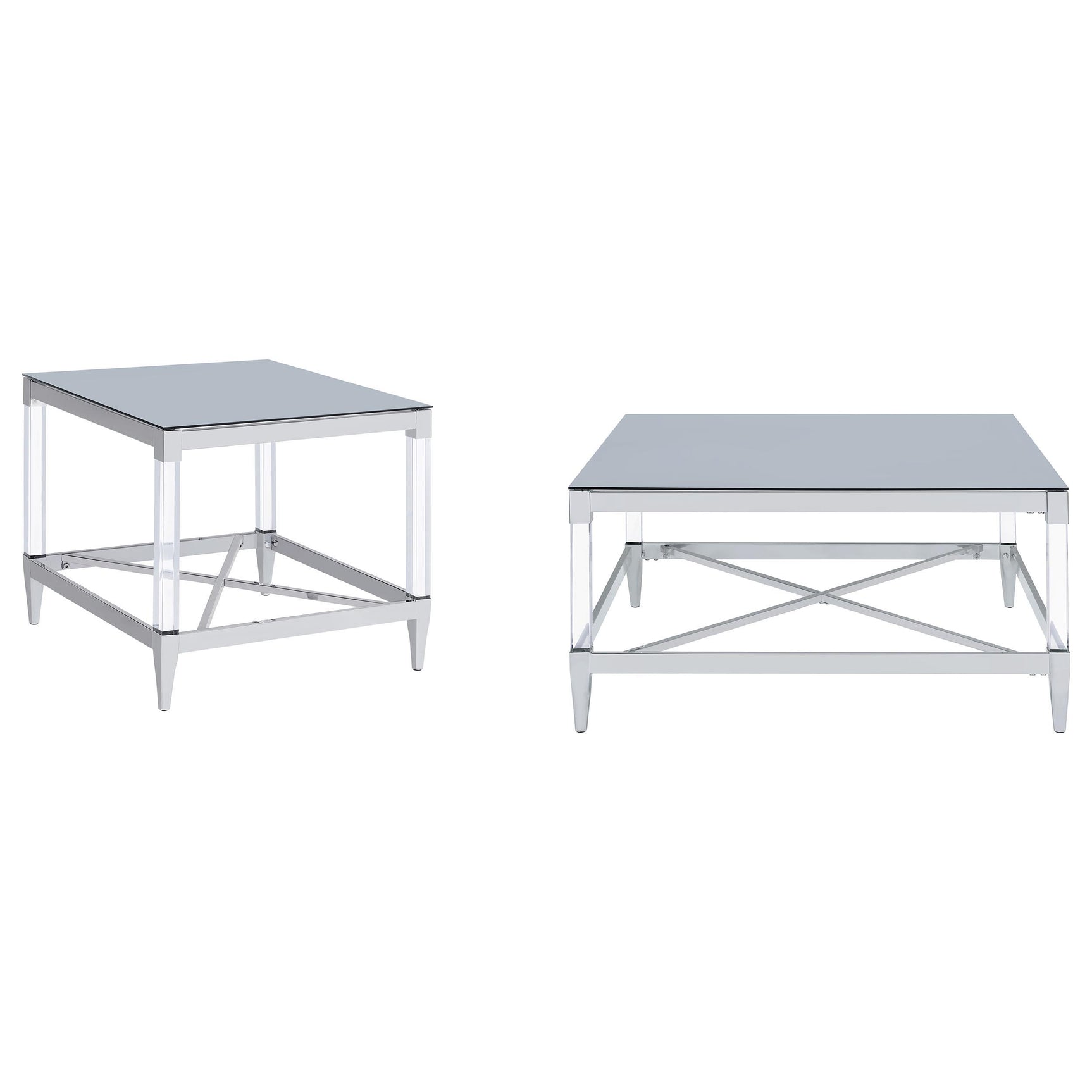 Close-up of Lindley table set tempered glass top and acrylic legs